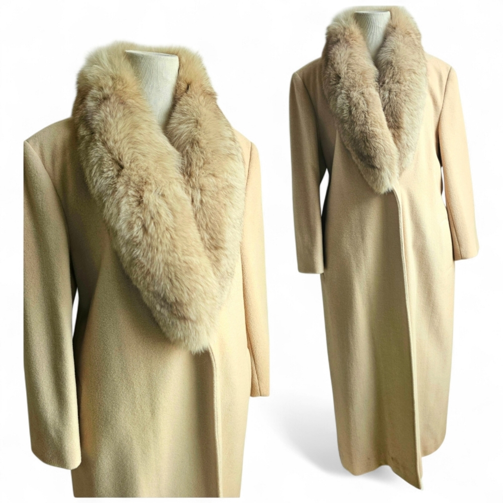 Vintage Marvin Richards Fox Fur Collar Beige Wool Overcoat 16 XL